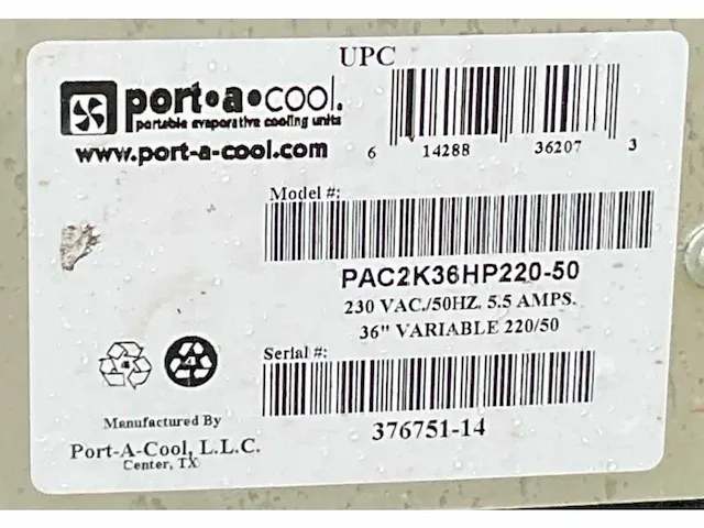 2014 port-a-cool pac2k36hp220 verdampingskoeler - afbeelding 9 van  9