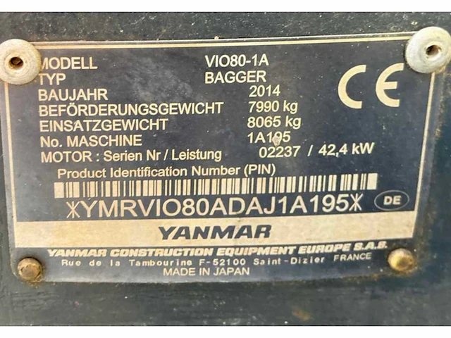 2014 yanmar vio80-u midi rupsgraafmachine binnendraaier - afbeelding 28 van  34