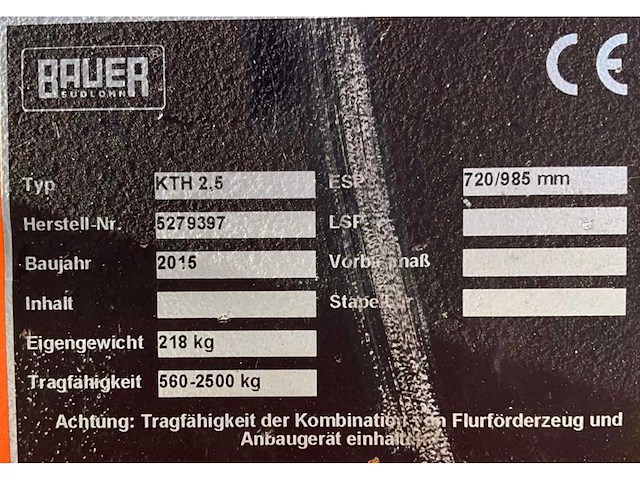 2015 bauer kth 2,5 heftruck hijsjib / hijsarm - afbeelding 9 van  9