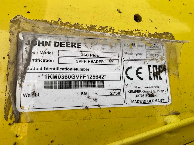 2015 john deere / kemper 360 plus spfh maïsbek - afbeelding 8 van  16