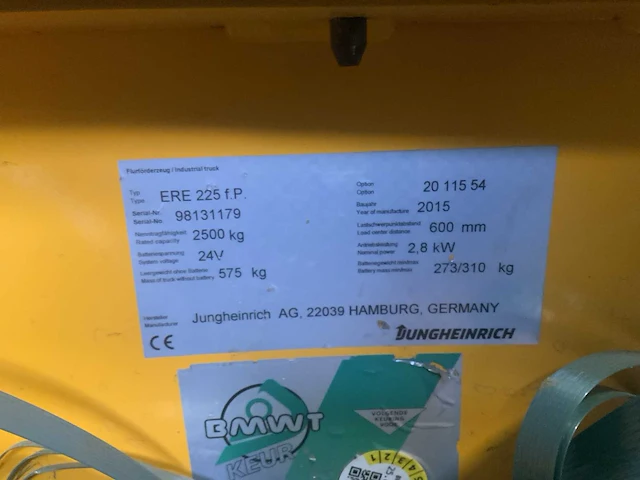 2015 jungheinrich ere 225 fp elektrische palletwagen - afbeelding 5 van  8
