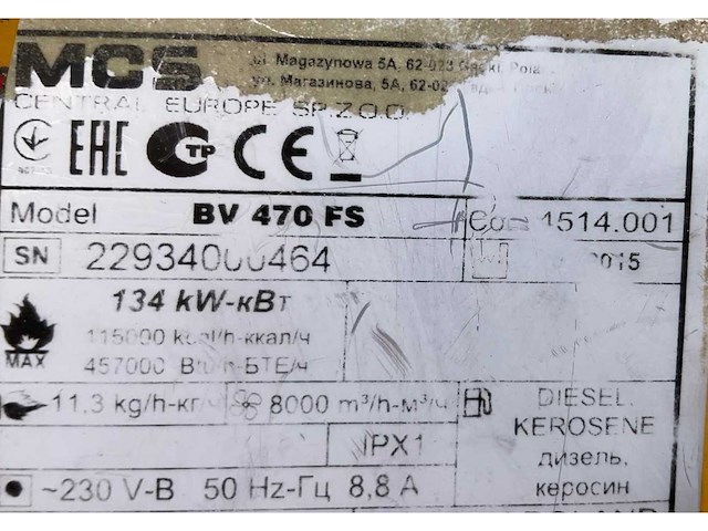 2015 mcs master air-bus bv 470 fs industriële heater / event heater / hetelucht turbine - afbeelding 4 van  12