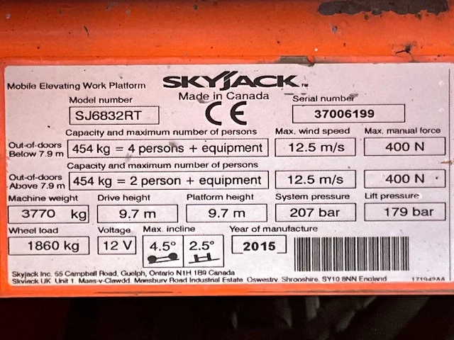 2015 skyjack sj 6832 rt hoogwerker 4x4 - afbeelding 27 van  33