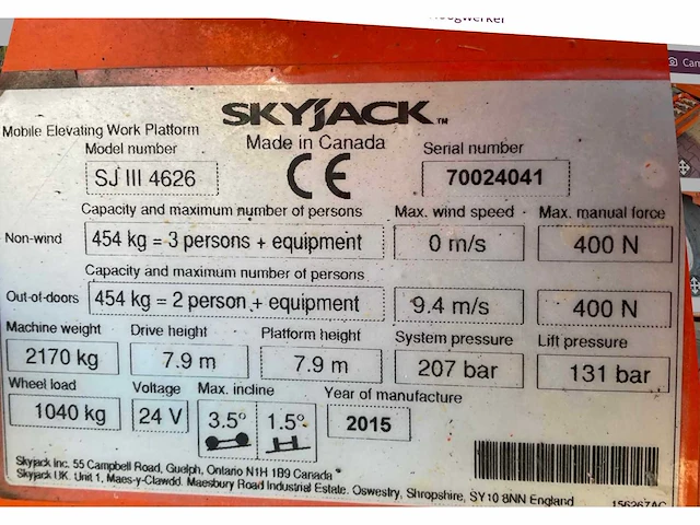 2015 skyjack sj iii 4626 hoogwerker - afbeelding 20 van  27