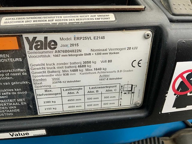 2015 yale erp25vl vorkheftruck - afbeelding 10 van  19