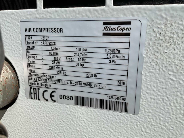 2016 atlas coco zt37 schroefcompressor - afbeelding 12 van  16