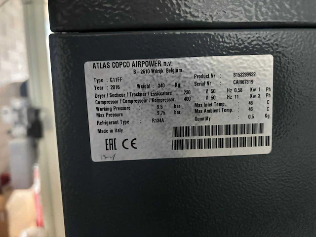 2016 atlas copco g11ff schroefcompressor - afbeelding 9 van  10