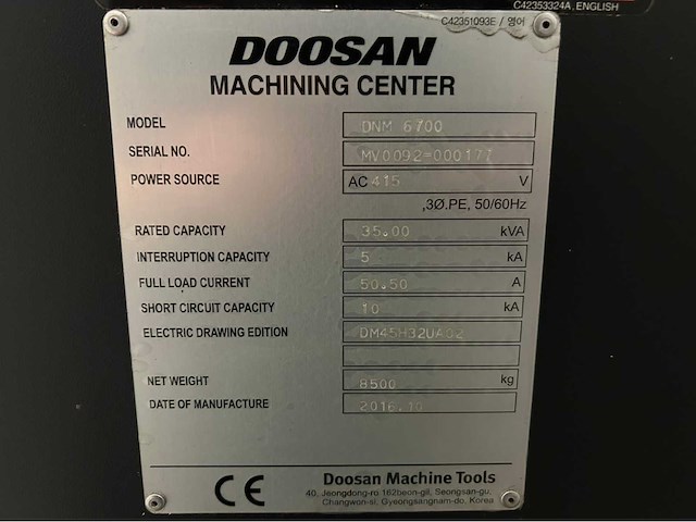 2016 doosan dnm 6700 cnc universeel machinecentrum - afbeelding 14 van  21