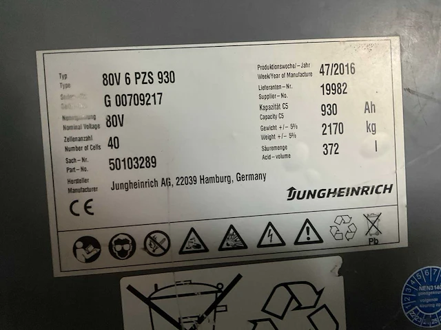 2016 jungheinrich 80v 6 pzs 930 accupakket - afbeelding 3 van  4