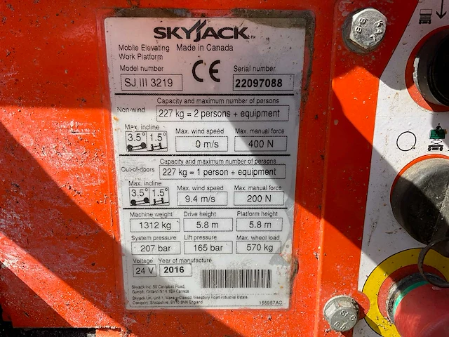 2016 skyjack sj iii 3219 hoogwerker - afbeelding 11 van  19