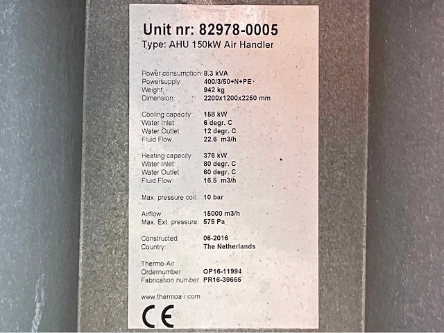 2016 thermoair ahu 150 kw koel unit / air unit / luchtbehandeling unit - afbeelding 2 van  10