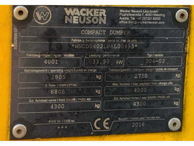 2016 wacker neuson 4001 / d04-02 knik dumper - afbeelding 17 van  24