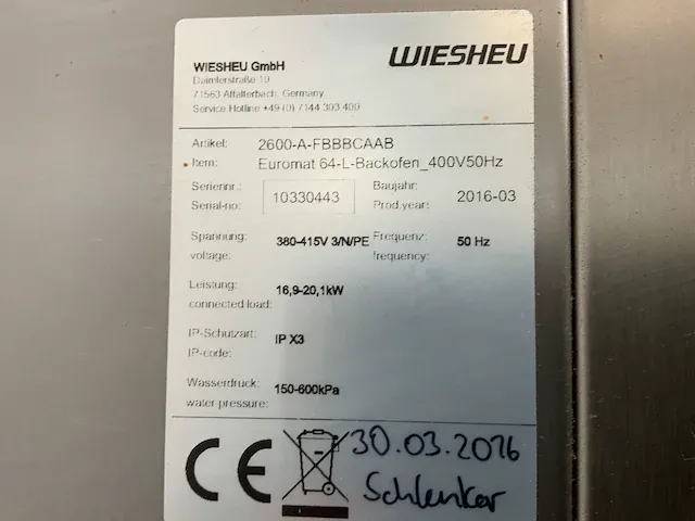 2016 wiesheu euromat 64l bakkerijoven combinatie - afbeelding 7 van  9