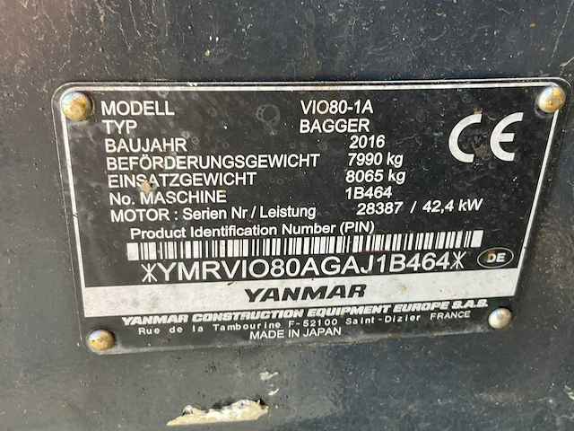 2016 yanmar vio80-u midi rupsgraafmachine binnendraaier - afbeelding 25 van  31