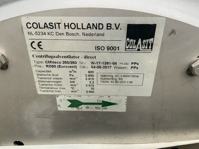 2017 colasit cmveco 250/250 centrifugaal ventilator - afbeelding 2 van  2