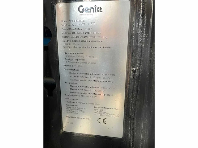 2017 genie 3369 rt 4 x 4 ruwterrein hoogwerker - afbeelding 6 van  14
