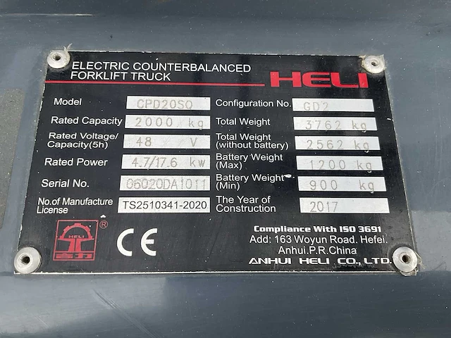 2017 heli 2.0 elektrische vorkheftruck - afbeelding 5 van  15