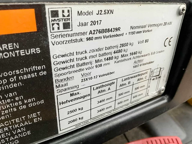 2017 hyster j2.5xn 2500kg vorkheftruck - afbeelding 5 van  13