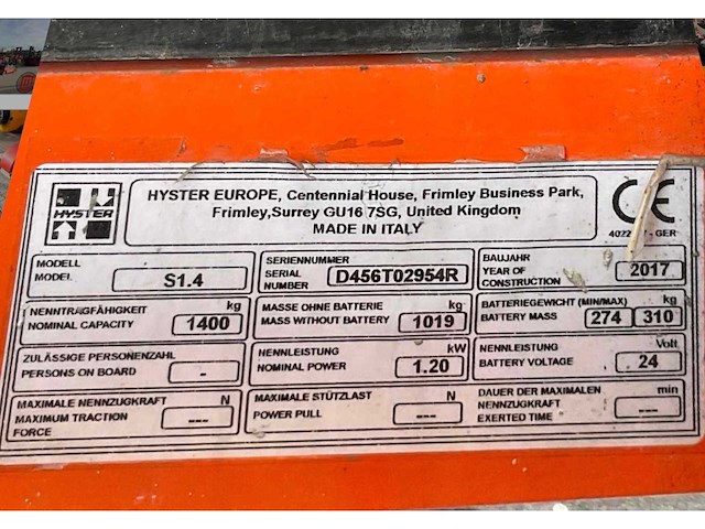 2017 hyster s1.4 elektrische stapelaar - afbeelding 10 van  18