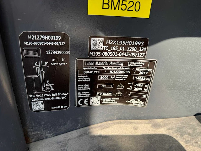 2017 linde e80-01/900 elektrische vorkheftruck 8000kg - afbeelding 7 van  23