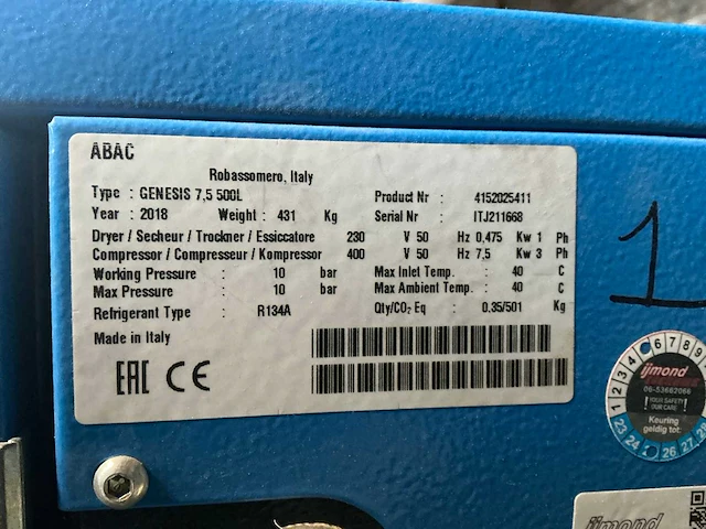 2018 abac airworks genesis 7,5 500l geluidgedempte schroefcompressor - afbeelding 7 van  12