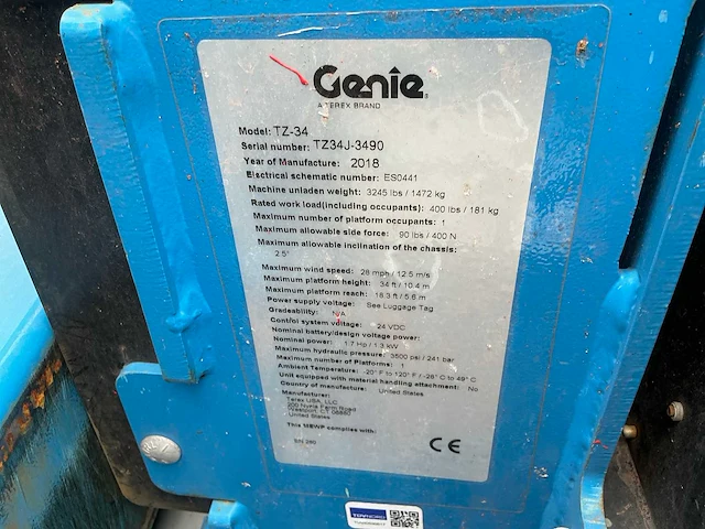 2018 genie tz34/20 (261 h.) knik-telescoophoogwerker op aanhangwagen - afbeelding 33 van  40
