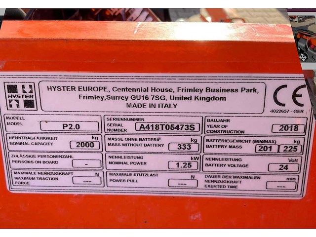 2018 hyster p2.0 elektrische palletwagen - afbeelding 3 van  11