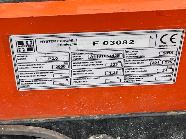 2018 hyster p2.0 elektrische palletwagen - afbeelding 6 van  14