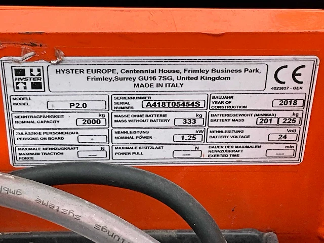2018 hyster p2.0 elektrische palletwagen - afbeelding 5 van  13