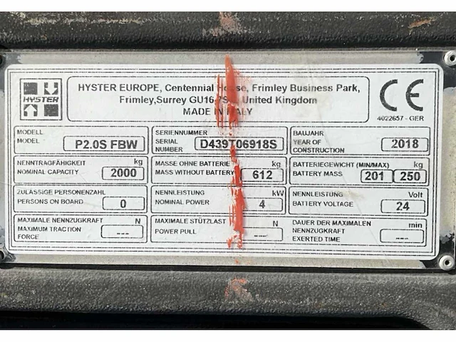 2018 hyster p2.0s fbw elektrische palletwagen - afbeelding 9 van  9