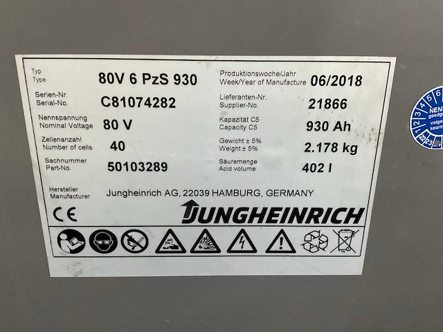2018 jungheinrich 80v 930ah accupakket - afbeelding 3 van  4