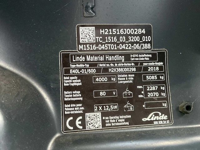 2018 linde e40l-01/600 vorkheftruck - afbeelding 4 van  16