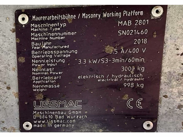 2018 lissmac mab 2801 schaarheftafel / werkplatform - afbeelding 8 van  8