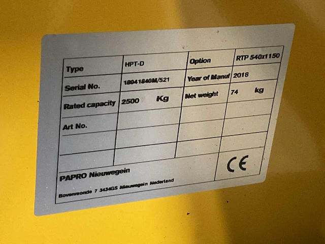 2018 papro hpt-d rtp 540x1150 hand hydraulische palletwagen - afbeelding 7 van  7