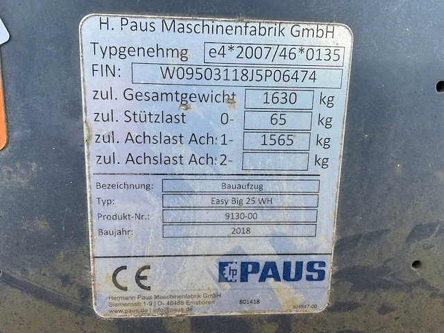 2018 paus easy big 25 wh verhuislift / ladderlift aanhanger - afbeelding 10 van  20