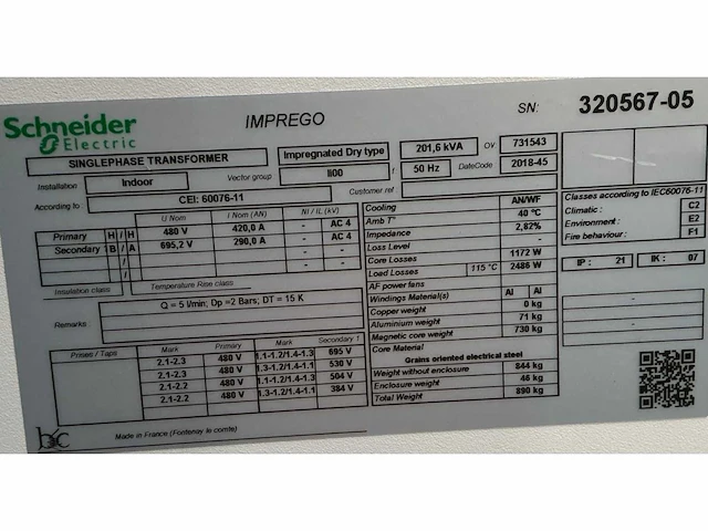 2018 schneider electric imprego transformator 201,6 kva singlephase - afbeelding 6 van  6