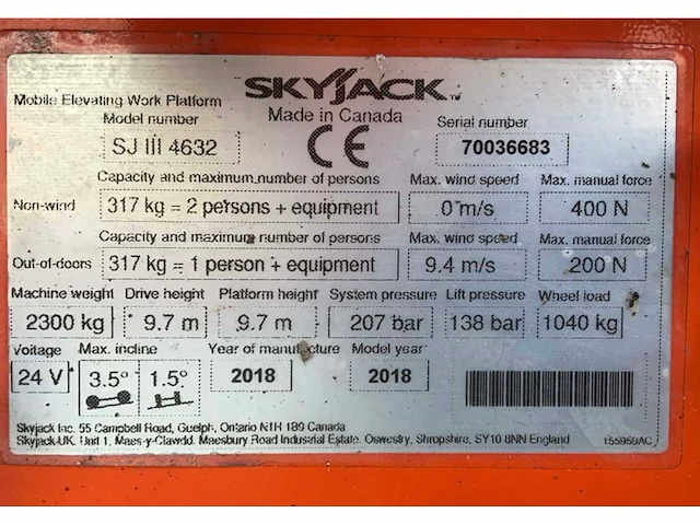 2018 skyjack sj iii 4632 hoogwerker - afbeelding 13 van  20