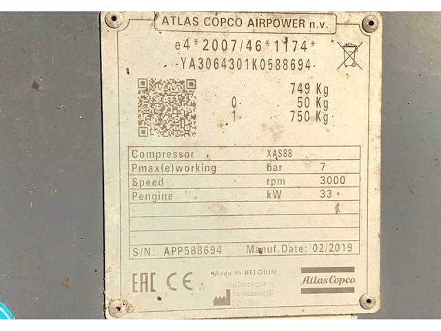 2019 atlas copco xas88 luchtcompressor - afbeelding 7 van  15