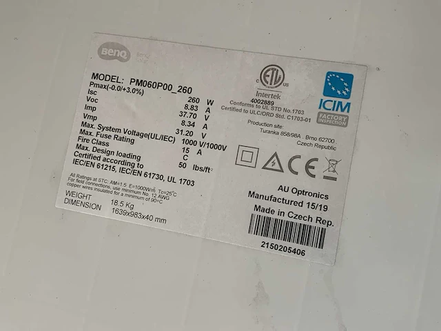 2019 benq pm060p00-260 zonnepaneel (34x) - afbeelding 4 van  7