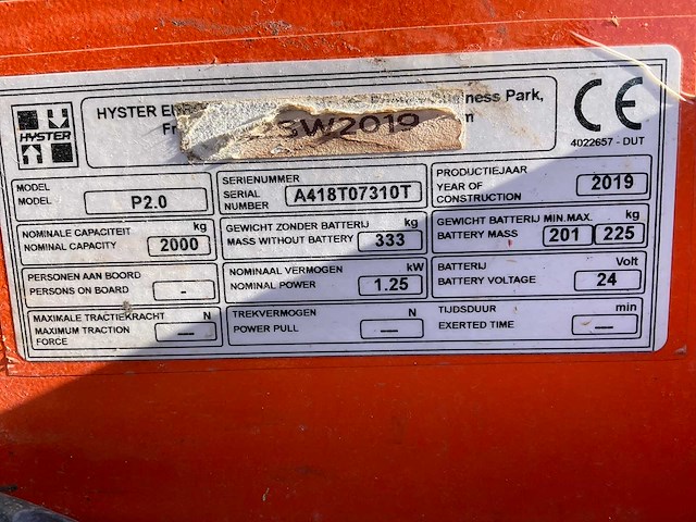 2019 hyster p2.0 elektrische palletwagen - afbeelding 8 van  8