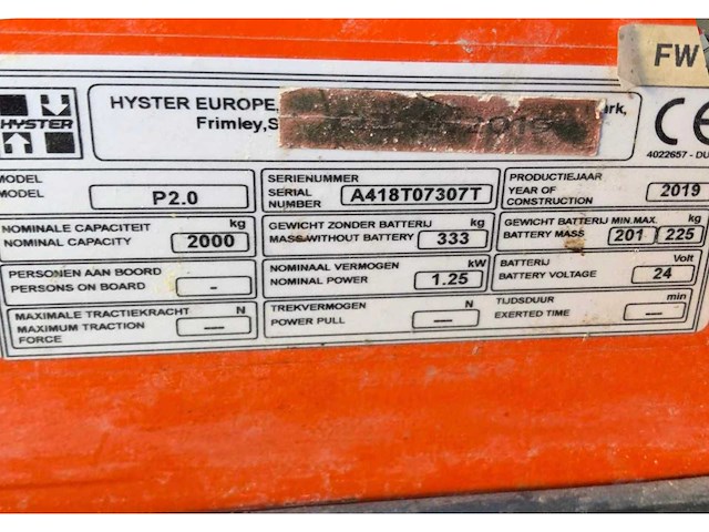 2019 hyster p2.0 elektrische palletwagen - afbeelding 8 van  8