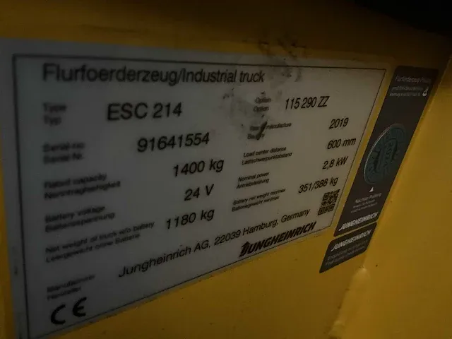 2019 jungheinrich esc 214 sn stapelaar - afbeelding 8 van  17