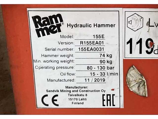 2019 rammer 155e hydraulische sloophamer - afbeelding 5 van  5
