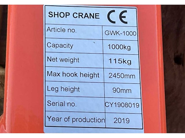 2019 shop crane gwk-1000 werkplaatskraan - afbeelding 3 van  11