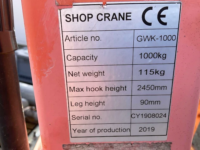 2019 shop crane gwk-1000 werkplaatskraan - afbeelding 9 van  9