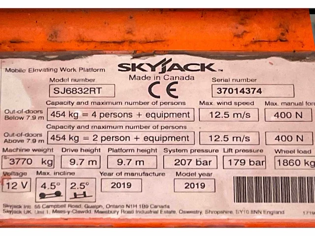 2019 skyjack sj 6832 rt hoogwerker 4x4 - afbeelding 18 van  25