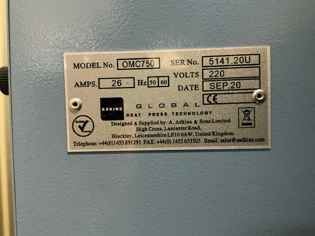 2020 adkins omc 750 pneumatische transferwarmtepers - afbeelding 7 van  8