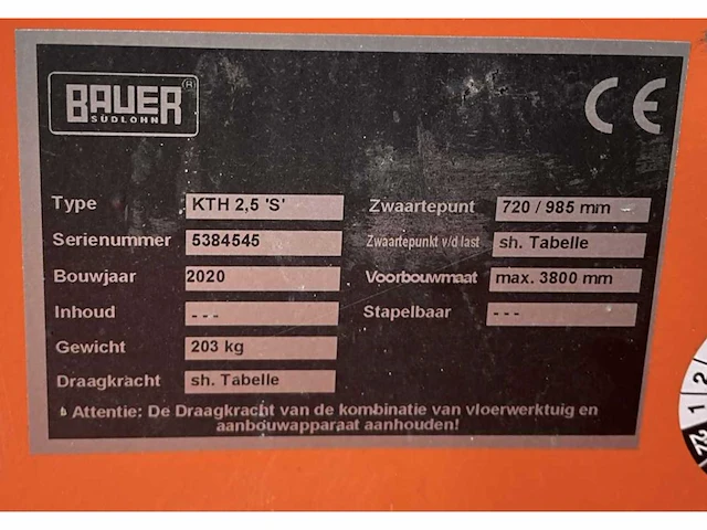 2020 bauer kth 2,5 ‘s’ heftruck hijsjib / hijsarm - afbeelding 6 van  6