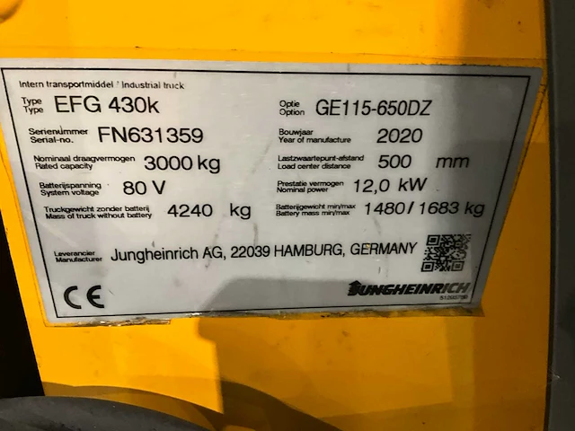 2020 jungheinrich efg 430k 3000kg vorkheftruck - afbeelding 14 van  21