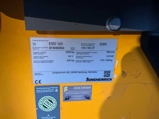 2020 jungheinrich esd 120 elektrische stapelaar - afbeelding 15 van  22